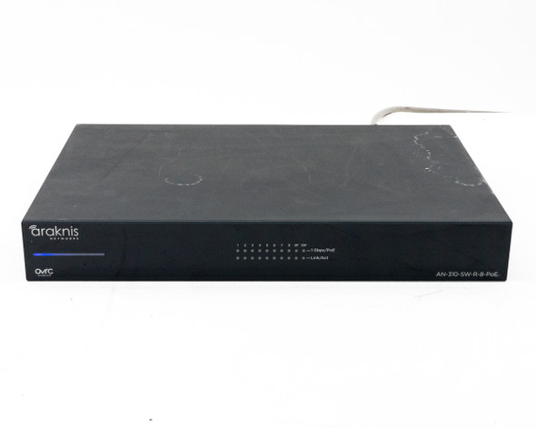 Araknis AN-310-SW-R-8-POE managed switch — front panel view showing port LED indicators for ports 1–10 including SFP ports 9F and 10F