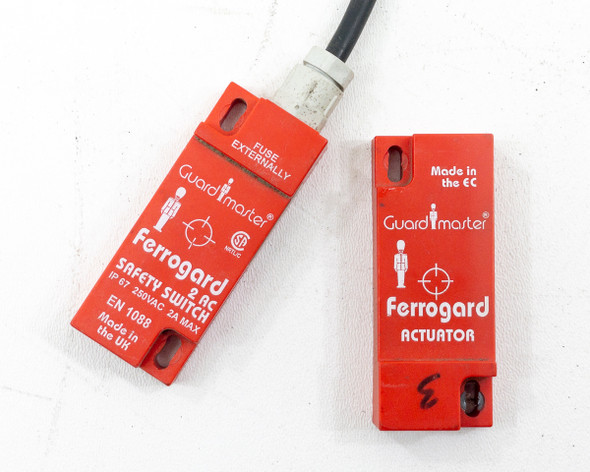Allen-Bradley 440N-G02002 Guardmaster Ferrogard FRS-2 safety switch and actuator front view showing red housings, cable, IP67 and EN 1088 labels