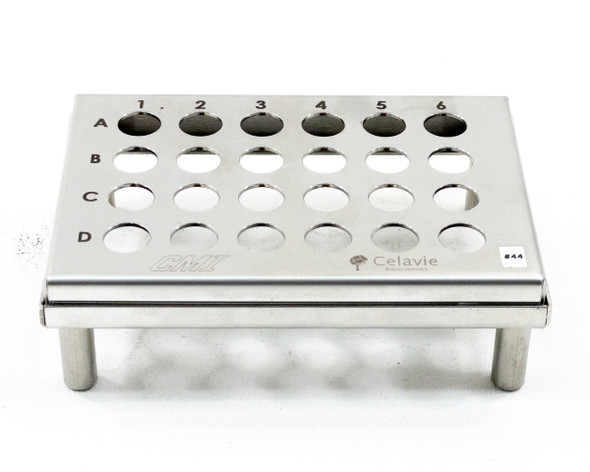 CMI Celavie Biosciences 24-space stainless steel tube rack — top-down angled view showing alphanumeric row and column labels (A–D, 1–6)