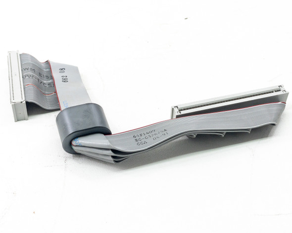 IBM 64F1409 ESDI hard drive ribbon cable – full cable assembly angled view showing both connectors and strain relief