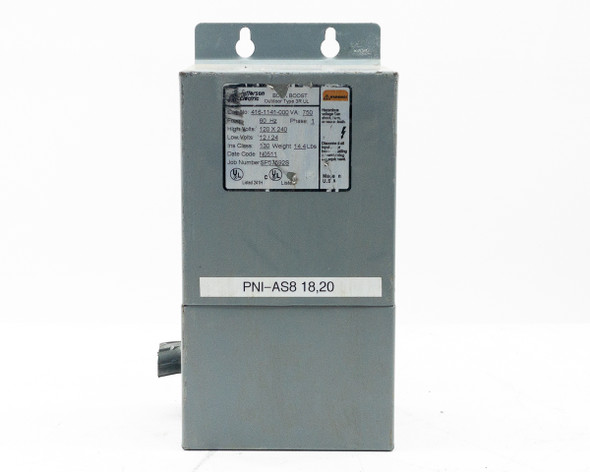 Jefferson Electric 416-1141-000 Buck Boost Transformer — angled front view showing nameplate label with VA, voltage, and phase ratings