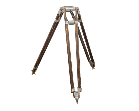 Birns & Sawyer VGM 200 wooden tripod legs fully extended, front view showing three wood legs with cast aluminum fittings and spiked feet