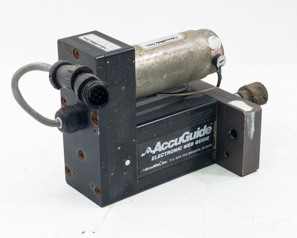 AccuWeb AccuGuide MME-1 7303-01 electronic web guide and MTR 3091 actuator assembly — front view showing AccuWeb branding label and multi-pin connector