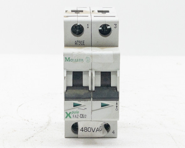 Moeller FAZ-C6/2 circuit breaker – straight front view showing toggle handles and FAZ-C6/2 model label