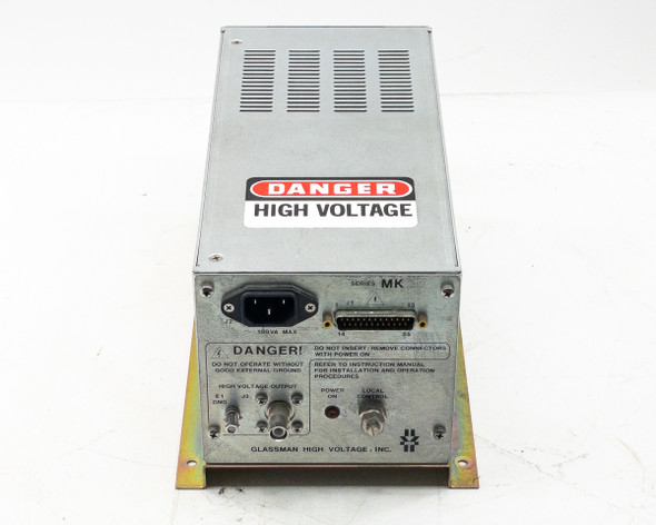 Glassman MK Series power supply rear view showing IEC AC input connector, DB25 control interface, and Danger High Voltage label
