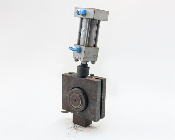 Sheffer Corp 2HHRHF3 hydraulic cylinder with attached machine fixture — full assembly front-left view showing cylinder body and blue port caps