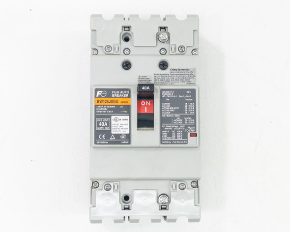 Fuji Electric BW125JAGU 40A MCCB – front face showing ON/OFF handle, 40A rating label, and BW125JAGU model designation