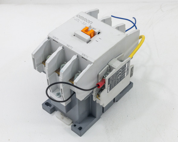Omron J7L-50 contactor front face showing coil and main terminals