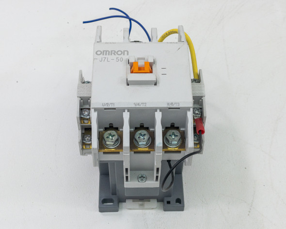 Omron J7L-50 contactor side view with DIN rail mounting bracket