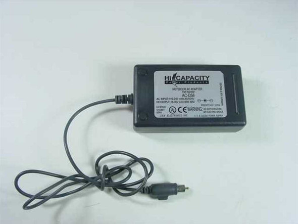 Hi Capacity AC-D56 Notebook AC Adapter – front and top view showing label with model number and specifications