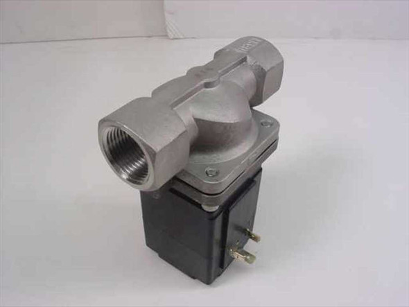 Burkert 454412N Model 290 Solenoid Valve — right-side angled view showing 3/4 NPT outlet port and coil terminal connections