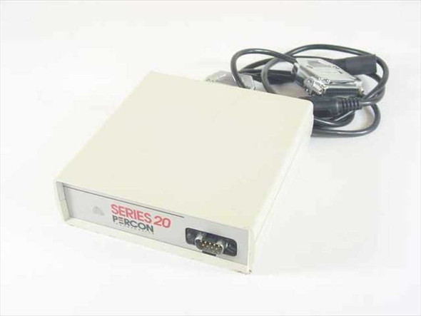 Percon Series 20 20-000-00 barcode decoder front-left angle view showing DB9 serial port and included IBM PC cable