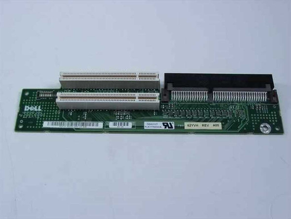 Dell 62YVH PCI riser card top view showing two PCI expansion slots and Dell logo – REV A00 label visible