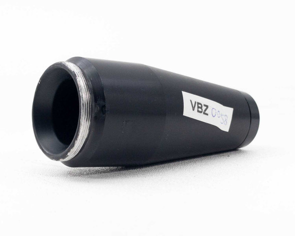 VBZ-0058 6.6X objective lens – right side view showing conical black aluminum body with label and threaded mount end