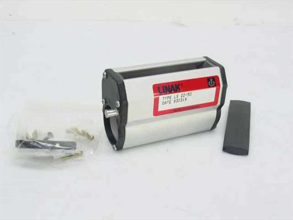 Linak LS 22-50 linear actuator housing front view with label, mounting hardware bag, and rubber end cap beside unit