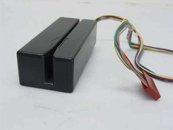 MagTek 21050145 magnetic stripe card reader – front and side view showing card slot and attached multi-color TTL pigtail cable with red connector