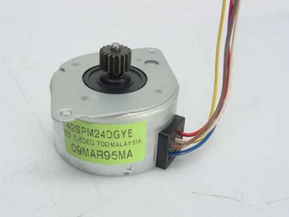 Panasonic 42SPM24DGYE 2-phase stepper motor front view showing gear on shaft and label with part number, 7.5 degree step angle, and Malaysia manufacture date 09MAR95MA