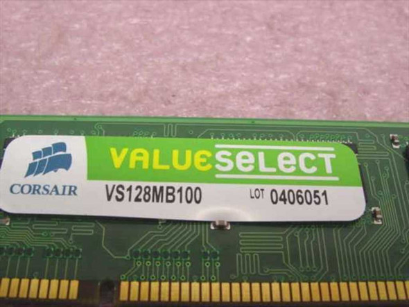 Corsair VS128MB100 label close-up showing model number VS128MB100 and lot number 0406051