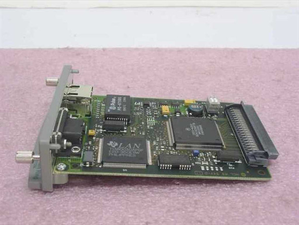 HP J3112A Jetdirect 600N Token Ring network card – PCB top view showing Texas Instruments LAN chipset and edge connector
