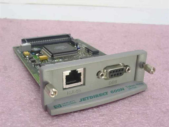 HP Jetdirect 600N J3112A Token Ring printer network card – front panel showing RJ-45 and DB9 connectors with Hewlett-Packard label