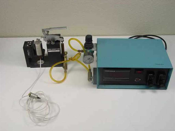 Analogic Measurometer II pneumatic precision measurement system – full system view with controller, actuator stage, regulator, and sensor cable on bench