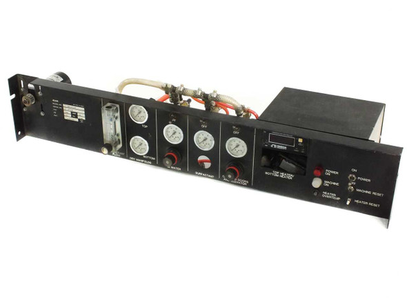 Atcor CRD-1410-DF box washer controller front panel — flow meter, pressure gauges, Omega CN310 temp controller, and control switches visible