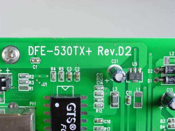 D-Link DFE-530TX+ Rev D2 PCB close-up showing board revision marking and GTS component