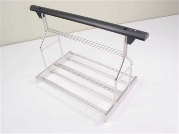 Applied Magnetics Wafer Block Carton Carrier – rear three-quarter view showing stepped aluminum wire tray and black rubber handle bar detail