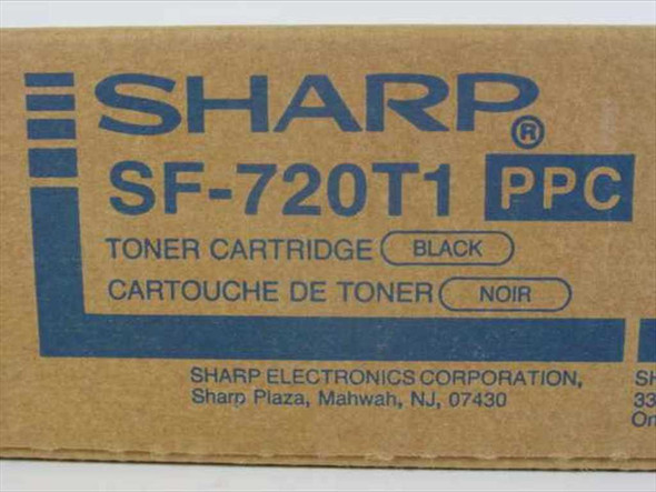 Sharp SF-720T1 PPC Toner Cartridge Black label close-up on original cardboard box, Sharp Electronics Corporation branding visible