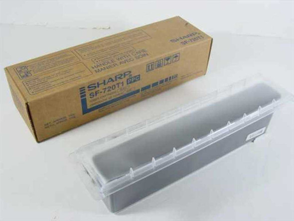 Sharp SF-720T1 PPC black toner cartridge with original box — box and cartridge in plastic tray shown side by side