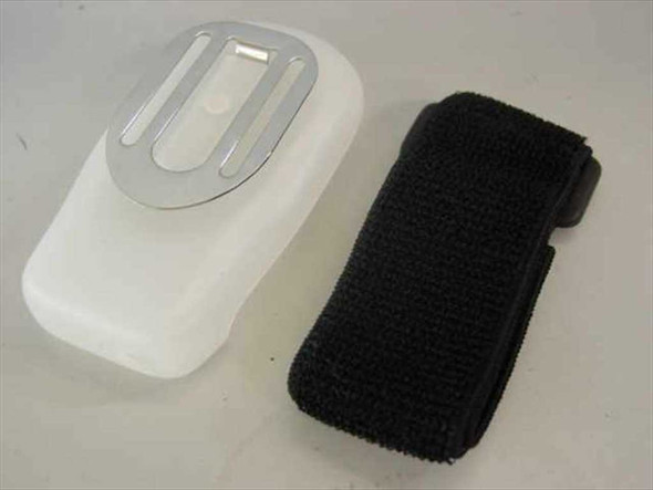 Rave-MP MP3 player plastic case showing silver clip detail on top face, with black Velcro arm strap alongside