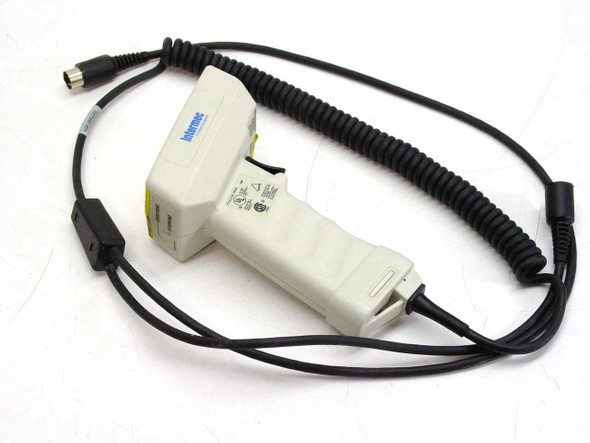 Intermec 1516A07 laser barcode scanner gun – right side profile view showing cable and DIN connector