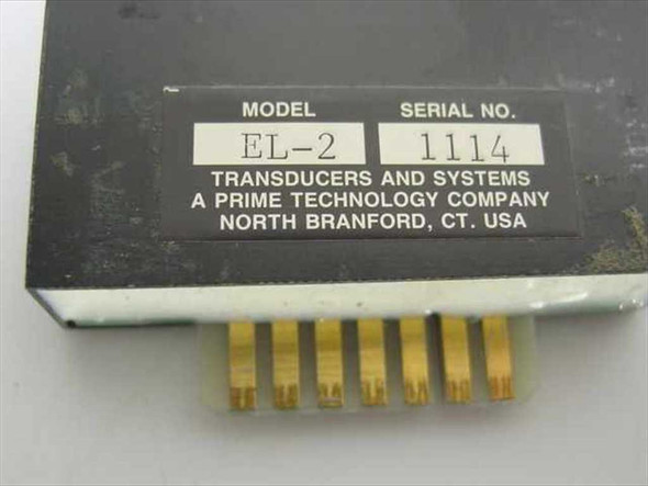 Close-up of EL-2 module label showing Model EL-2, Serial No. 1114, Transducers and Systems, A Prime Technology Company, North Branford CT USA, with gold pin connector array