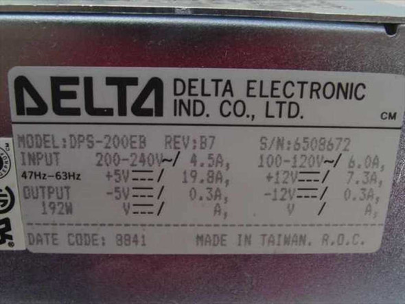 Delta Electronics DPS-200EB label showing model, Rev B7, input/output specs, 192W rating, and date code 8841