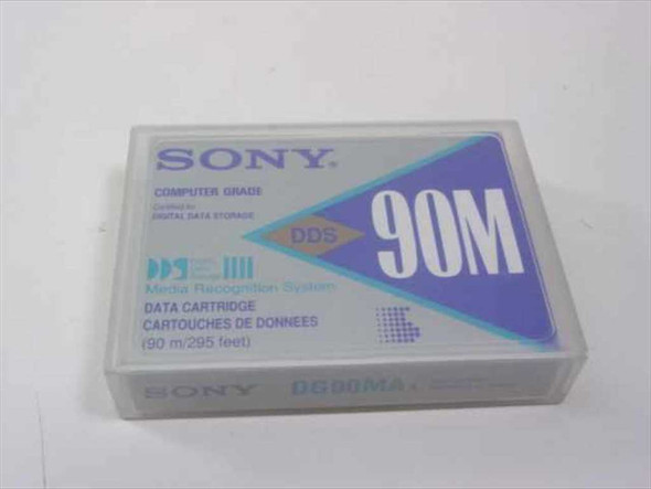 Sony DG90M DDS Data Cartridge front label showing 90M and DDS Media Recognition System branding in protective case