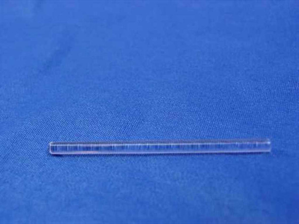 Tegal 40-297-002 903e plasma etcher lift pin — full length side view showing 54mm clear quartz rod