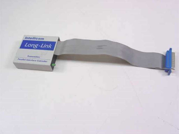 Intellicom Long-Link Transmitter Parallel Interface Extender – front/top view showing module label and attached ribbon cable with blue DB25 connector