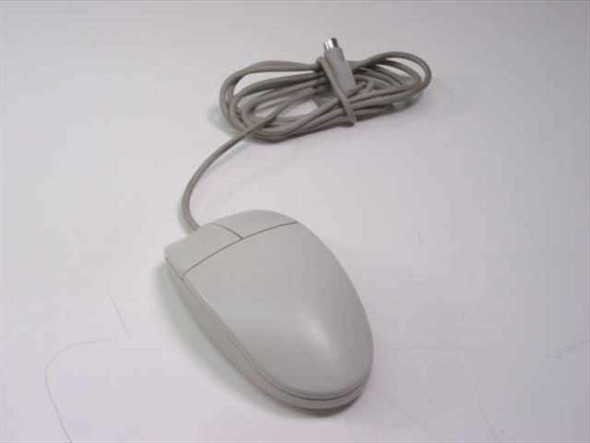 Logitech M-S34 2-button PS/2 wired mouse — left side view showing beige housing and coiled cable