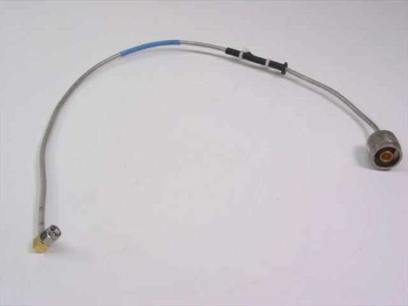 KMW Microwave 200580-001 RF coaxial cable full length view showing N-type male connector on right and SMA right-angle connector on left