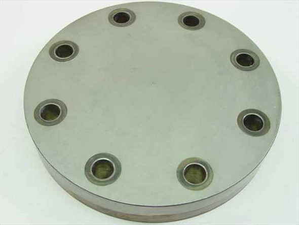 MDC vacuum flange — bottom view showing 8 countersunk mounting holes evenly spaced around the stainless steel body
