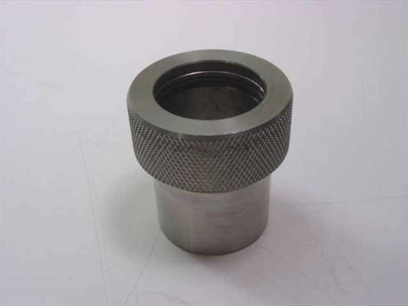 MDC 410011 stainless steel knurled tube coupling — top-front view showing knurled collar and open bore