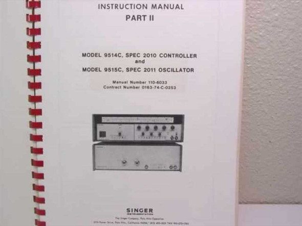 Singer Instrumentation Instruction Manual Part II title page showing Model 9514C Spec 2010 Controller and Model 9515C Spec 2011 Oscillator with front panel photo of both instruments