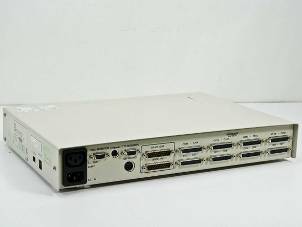 Raritan MC16E MasterConsole – rear panel showing VGA monitor out, TTL monitor, PS/2 keyboard port, DB25 multi-server port banks, and AC inlet