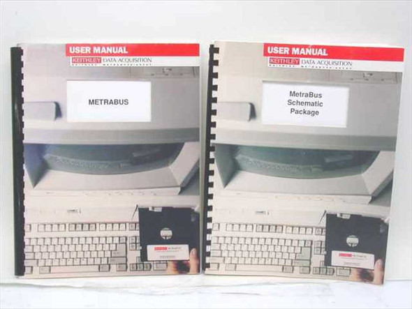 Keithley MetraByte Metrabus User Guide and Schematic Package — two spiral-bound manuals side by side, front covers visible
