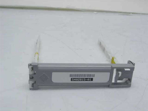 Sun Microsystems 5402815-01 hard drive server caddy tray — front/side angled view showing gray plastic frame and white rails with yellow retention tabs