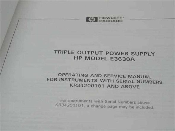 HP E3630A manual title page showing 'Operating and Service Manual for Instruments with Serial Numbers KR34200101 and Above'