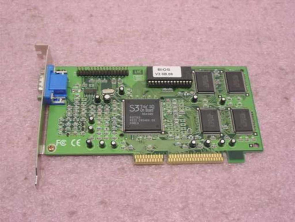 S3 Trio 3D NDA3BB AGP video card — rear PCB view showing S3 chip, memory chips, BIOS chip, and AGP edge connector