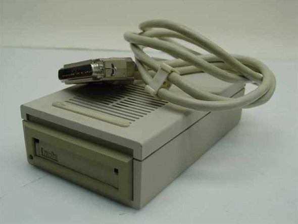 Irwin Magnetics 445 40MB External Tape Drive – three-quarter front view with interface cable draped over top