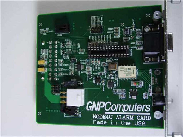 GNP Computers NODE4U Alarm Card 1-503085 — front PCB view showing GNP Computers silkscreen, NODE4U Alarm Card label, relay, and DB9 connector