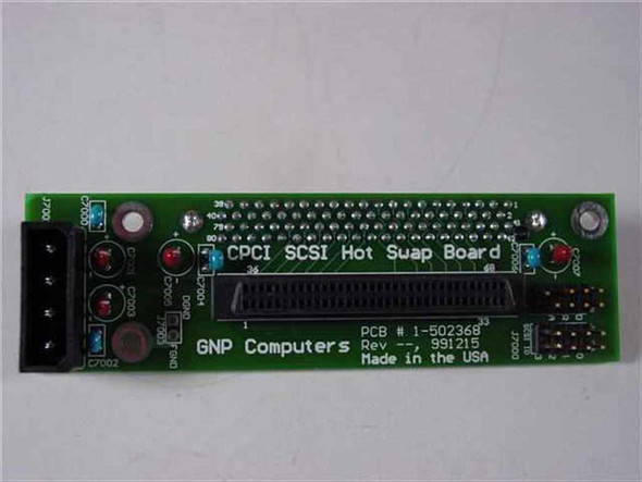 GNP Computers 1-502368 PDSi CPCI SCSI Hot Swap Board – front side showing SCSI connector, LED indicators, and PCB silkscreen with part number and Made in USA marking